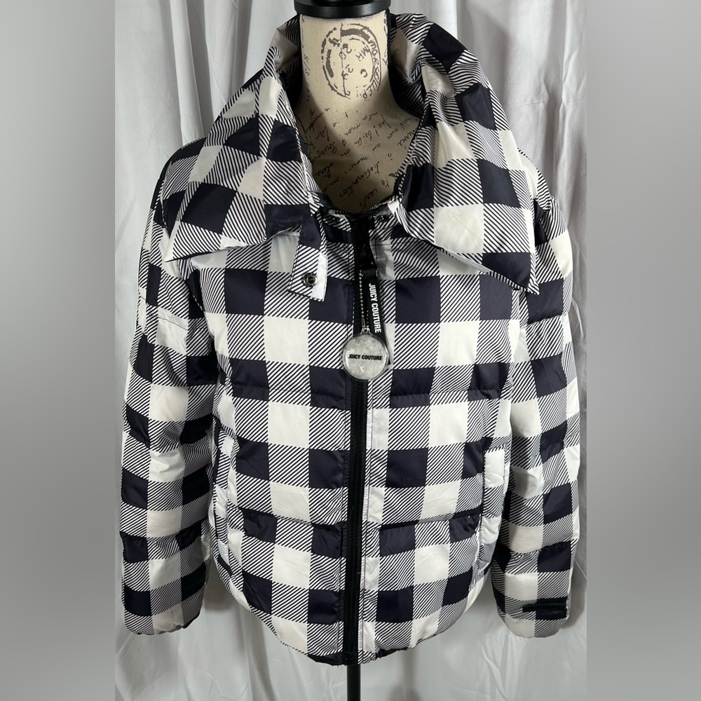 JUICY COUTURE FUNNEL NECK PLAID PUFFER JACKET BLACK WHITE Size M